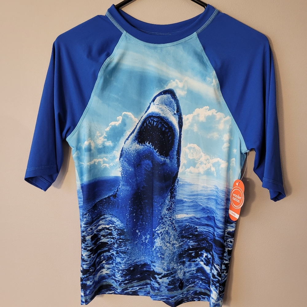 WONDER NATION BOYS SHARK THEME WATER SHIRT SIZE XL Husky 14-16 BLUE UPF 50